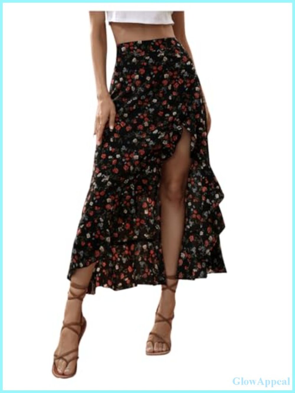 Boho Floral Print Ruffle Split Maxi Skirt High Waisted Asymmetrical Long Skirt